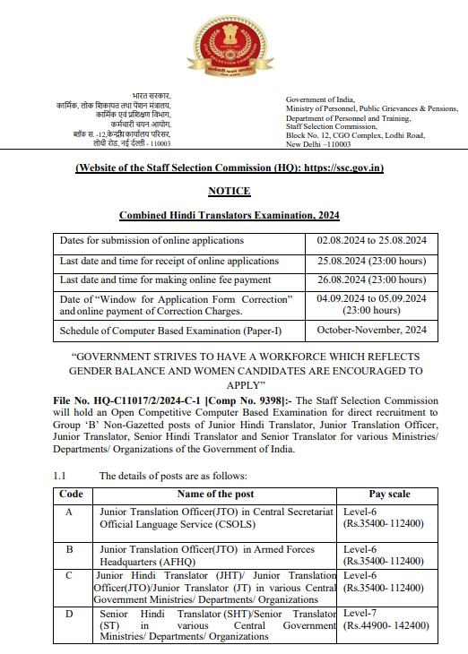 SSC JHT Bharti 2024