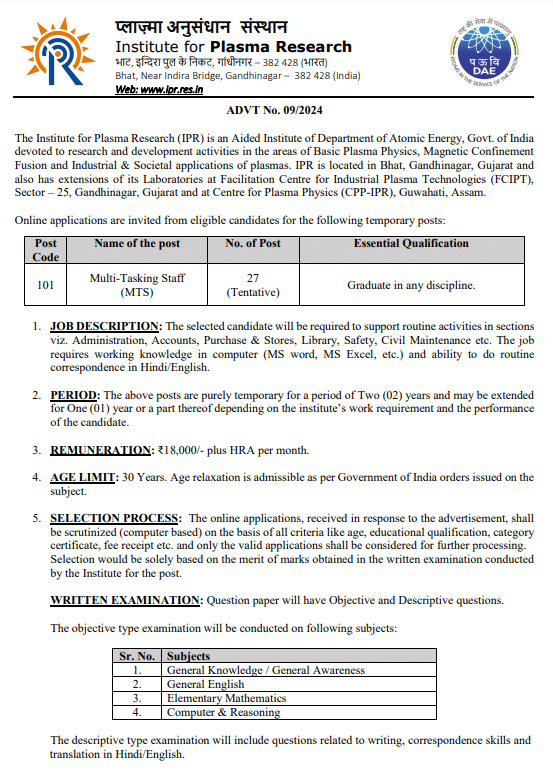 IPR MTS Bharti 2024